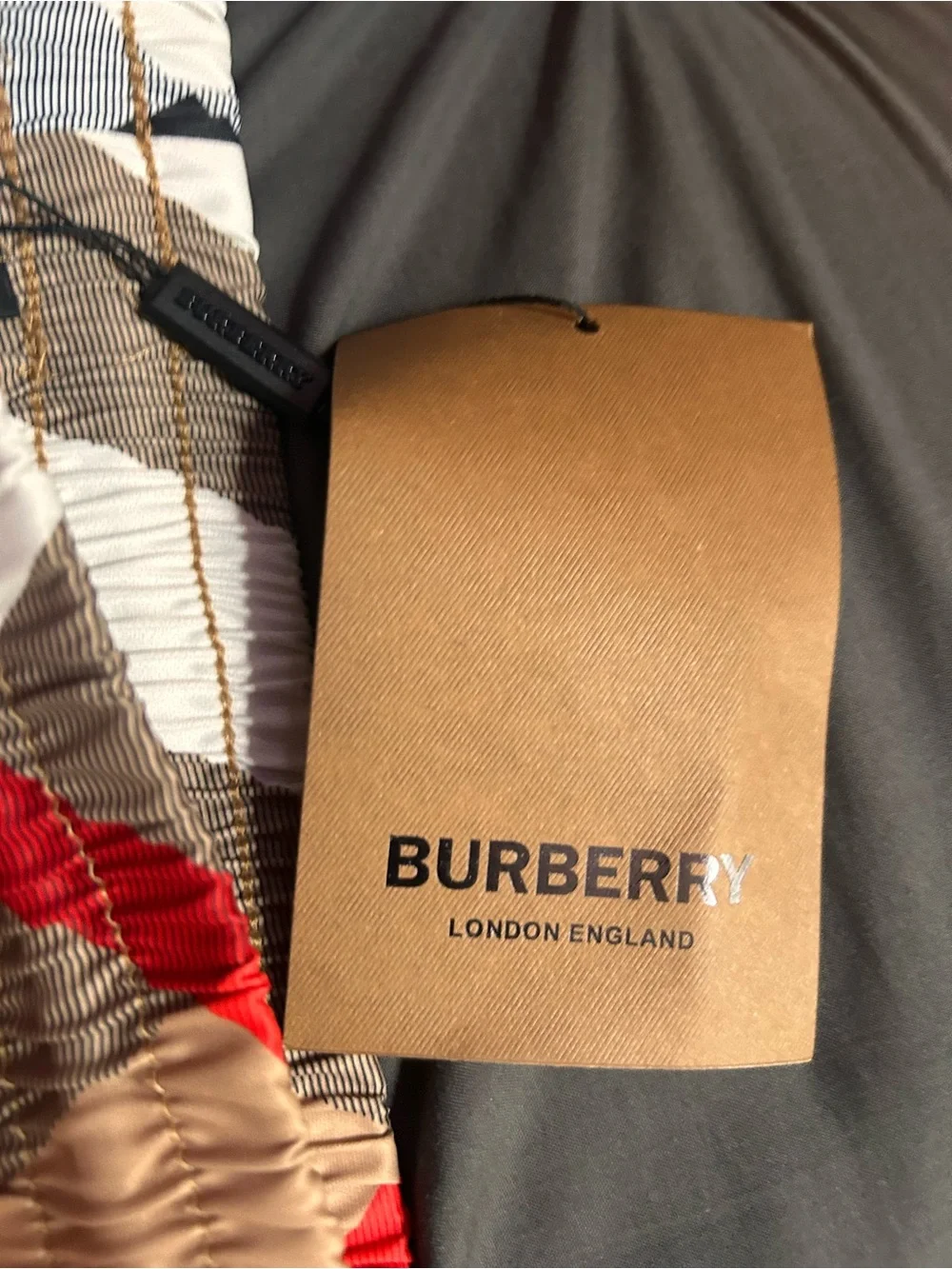 Burberry Beige Plaid Swim Trunks with Red Stripe